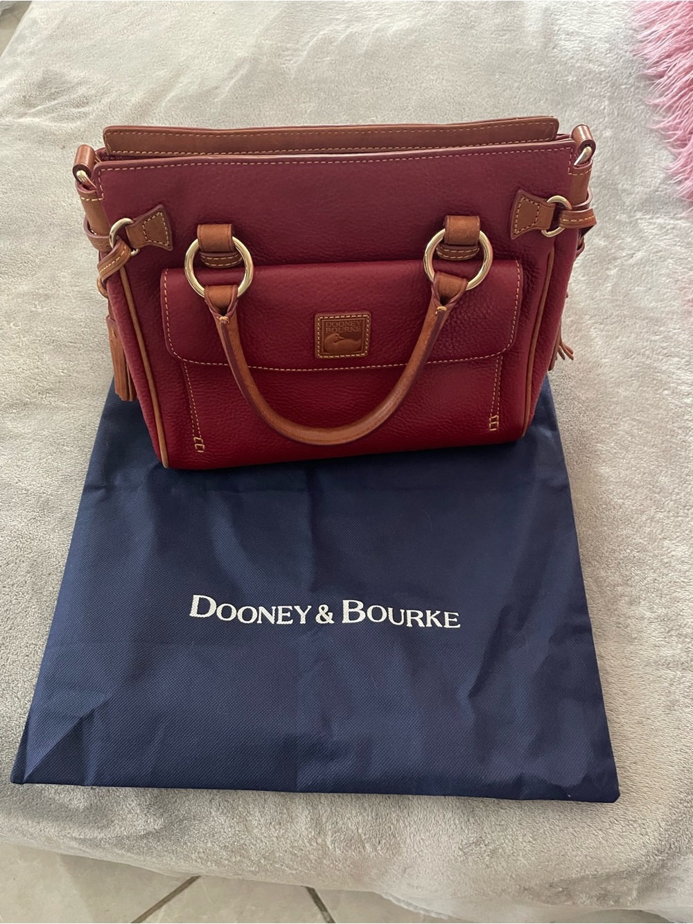 Dooney & Bourke Wine Leather Satchel with Tan Trim and Gold perfect condition